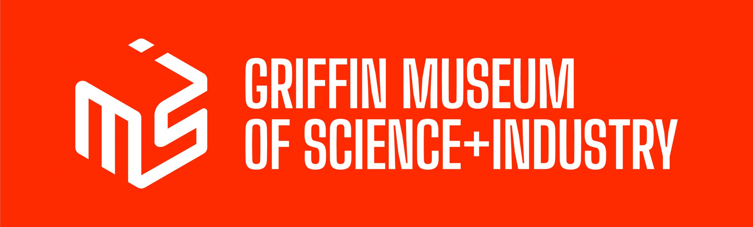 The Griffin Museum of Science + Industry logo. The base is a vivid orange and the text is white. There is an artful cube made of the letters M S I