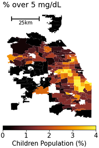 Map of percentage of children with over 5 micrograms per deciliter of blood lead levels in the Chicago area from 2019 to 2021, aggregated at the zip code level.