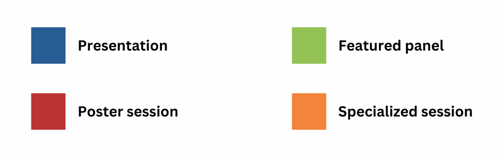 Presentations are represented by blue, poster sessions are represented by red, featured panels are represented by green, specialized session are represented by orange